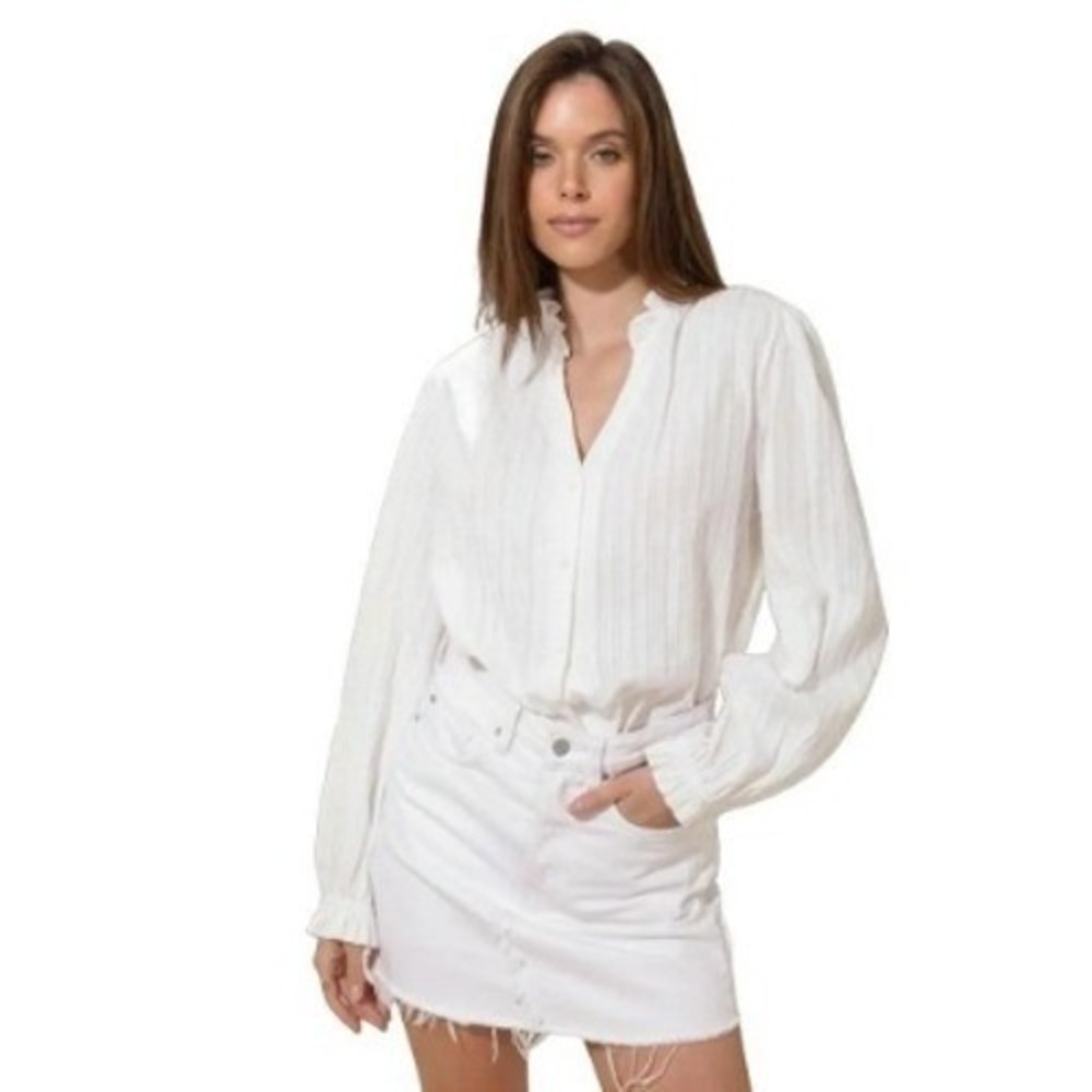 Cottagecore Parisian White 100% Cotton Ruffle Collar Button Blouse XL JH Fashion